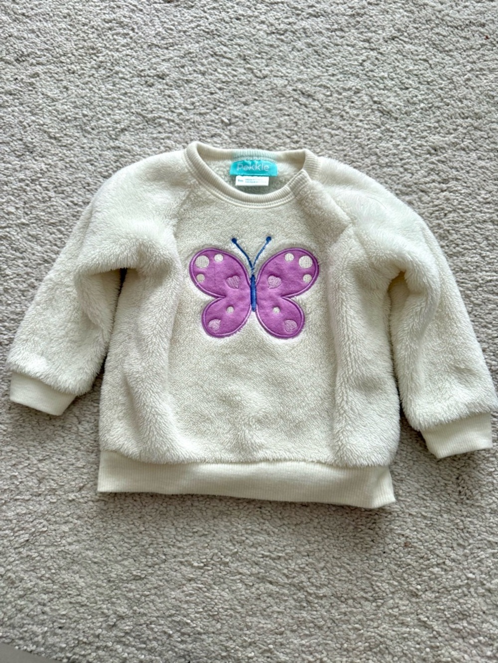 Pekkle Kids Cream Fleece Sweatshirt with Purple Butterfly